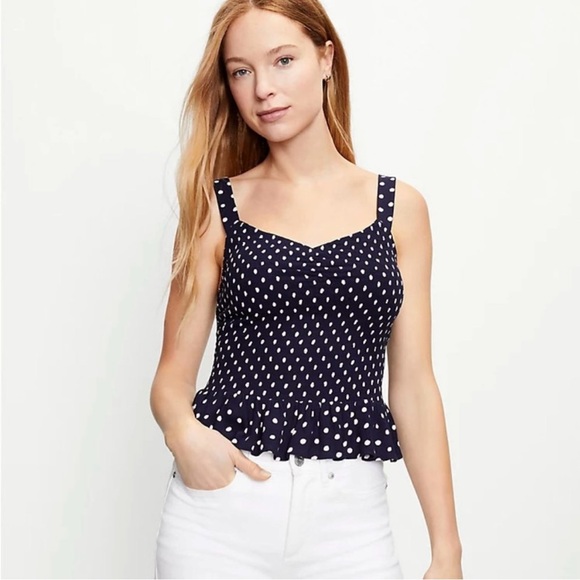 LOFT Navy Dotted Smocked Peplum Cami - Picture 2 of 9